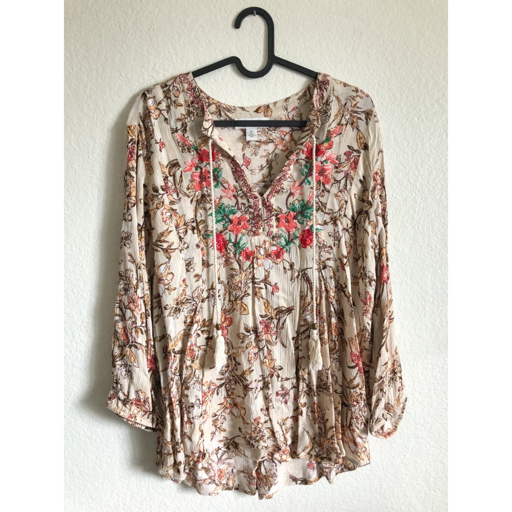 Vintage America Long Sleeve Floral Tassel Blouse